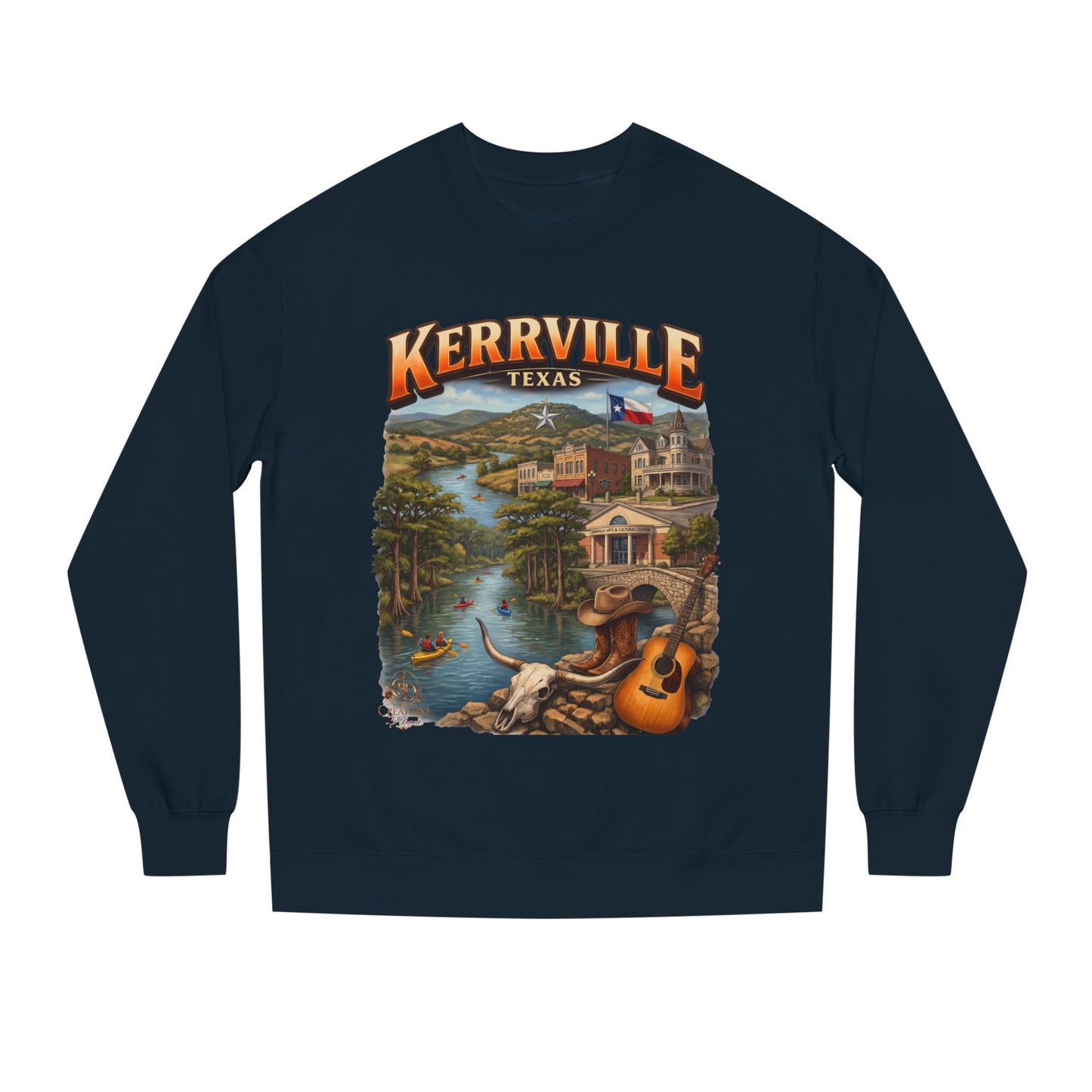 Kerrville Texas Scenic Crewneck Sweatshirt — Riverfront Guitar Vintage Design