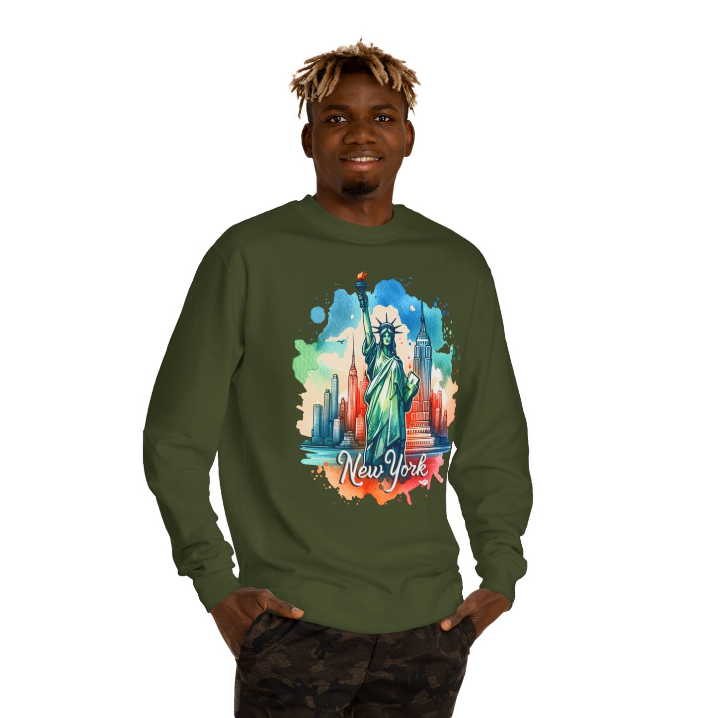 New York Skyline Sweatshirt — Colorful Statue of Liberty Cityscape Crewneck