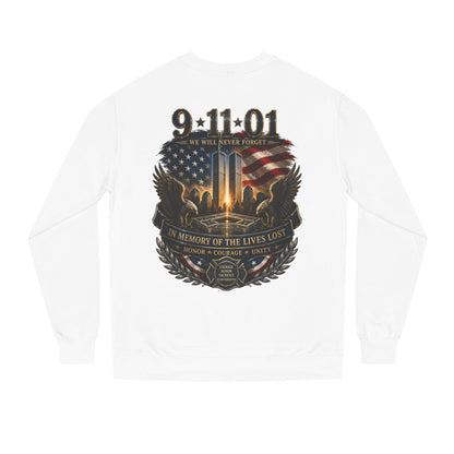 9/11 Memorial Sweatshirt - ‘We Will Never Forget’ Tribute Crewneck with Twin Towers & Flag