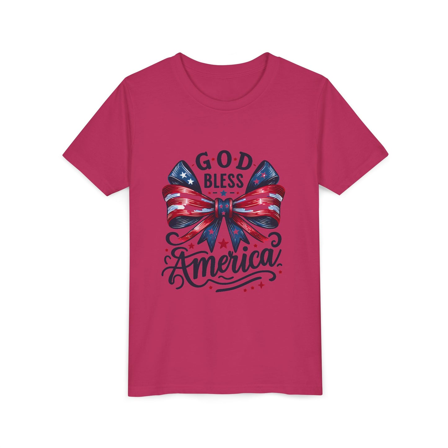 Youth Tee — "God Bless America" Patriotic Bow T-Shirt (4th of July, Memorial Day)