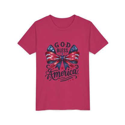 Youth Tee — "God Bless America" Patriotic Bow T-Shirt (4th of July, Memorial Day)