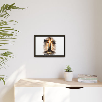 9/11 Never Forget Framed Canvas Wall Art — Memorial Cross Tribute