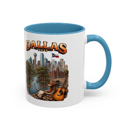 Dallas Skyline Accent Coffee Mug — Texas Souvenir Mug with Guitar & Cityscape