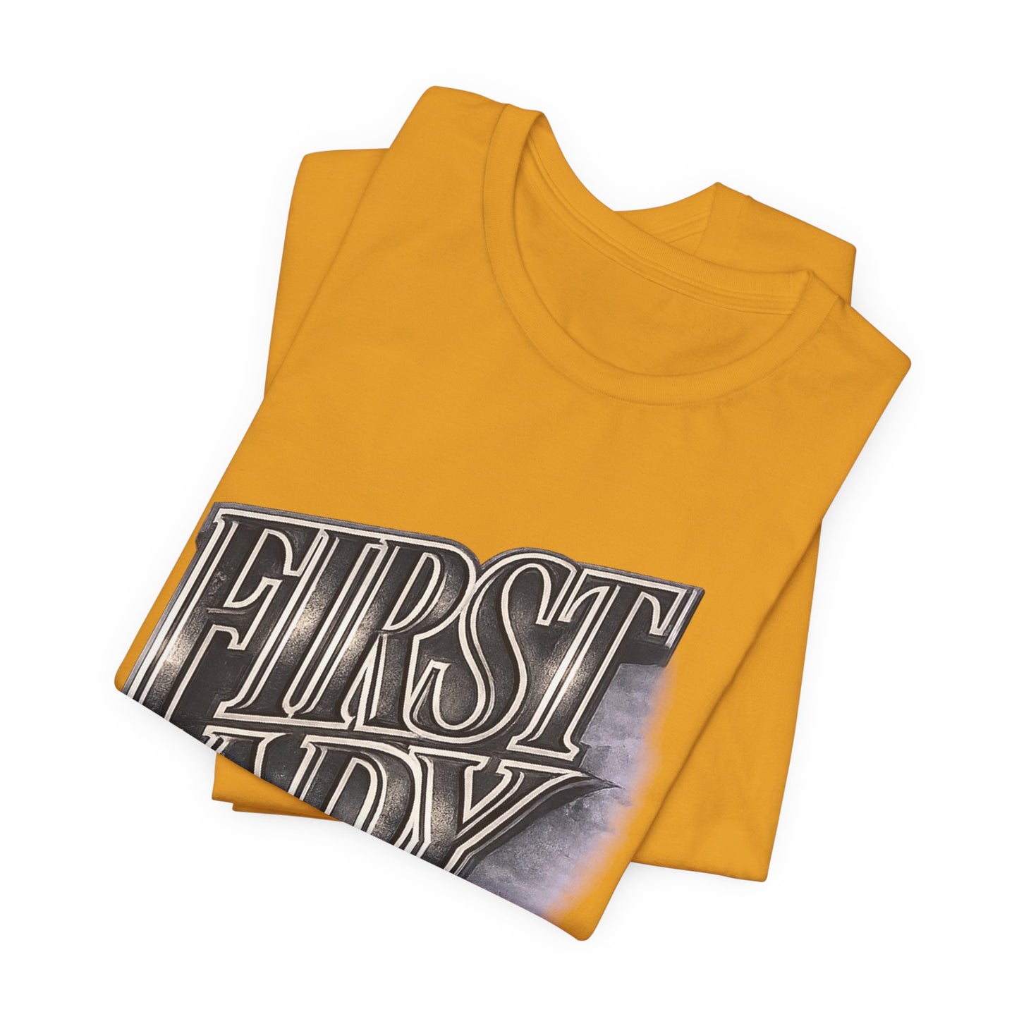 First Lady Graphic Tee — Retro Metallic Script Short Sleeve Shirt
