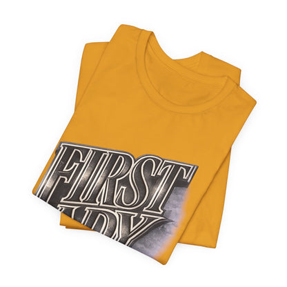 First Lady Graphic Tee — Retro Metallic Script Short Sleeve Shirt