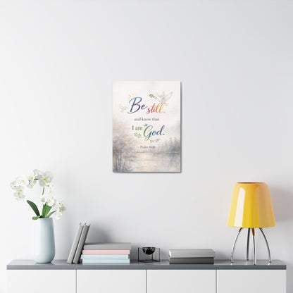 Be Still Psalm 46:10 Stretched Canvas Wall Art — Inspirational Christian Decor with Dove and Tranquil Landscape
