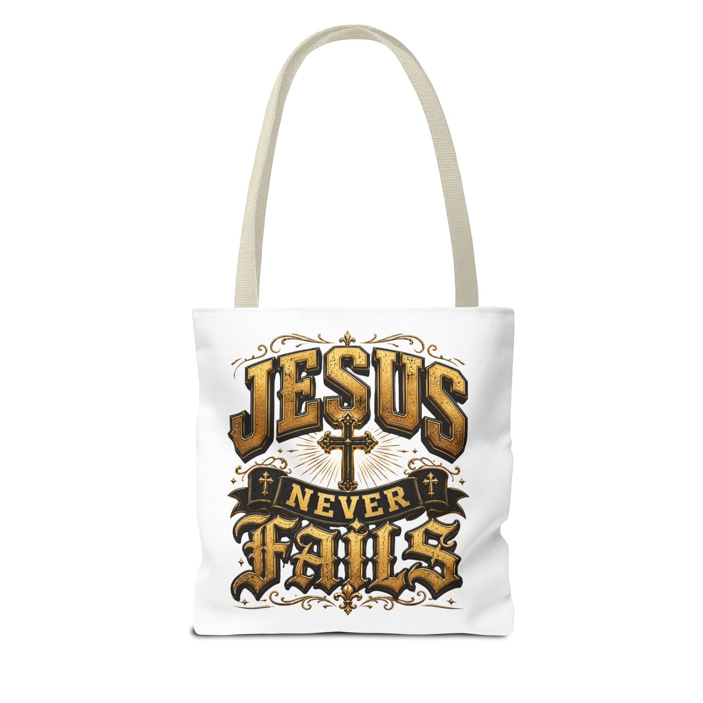 Jesus Never Fails Tote Bag — Christian Faith AOP Canvas Tote