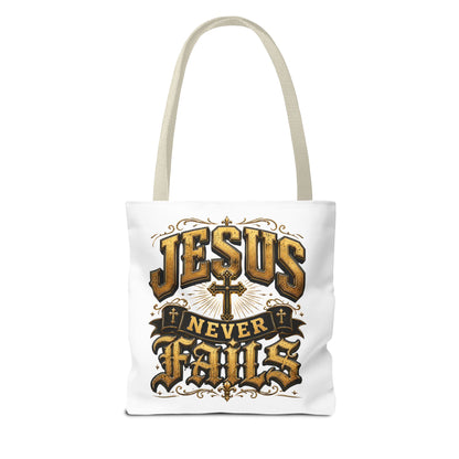 Jesus Never Fails Tote Bag — Christian Faith AOP Canvas Tote
