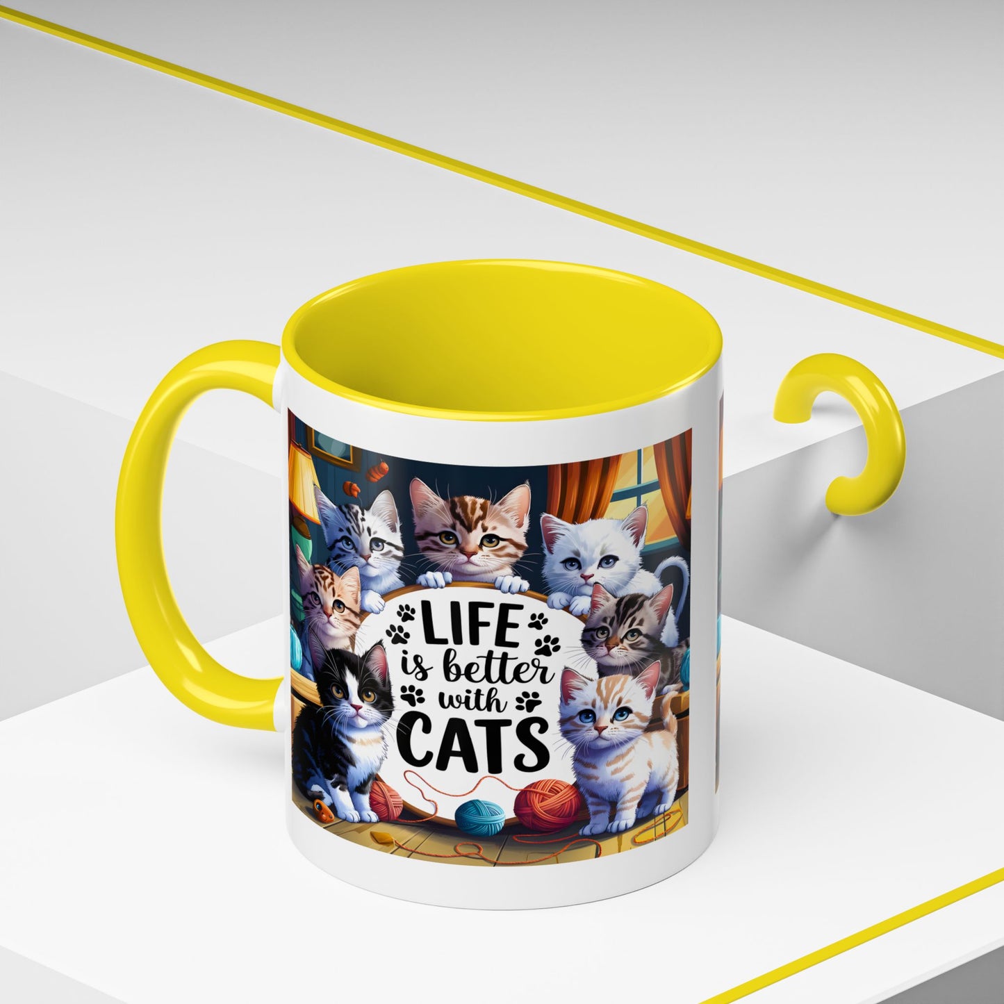 Life Is Better With Cats Accent Coffee Mug – Cute Kitten Cat Lover Gift (11/15oz)