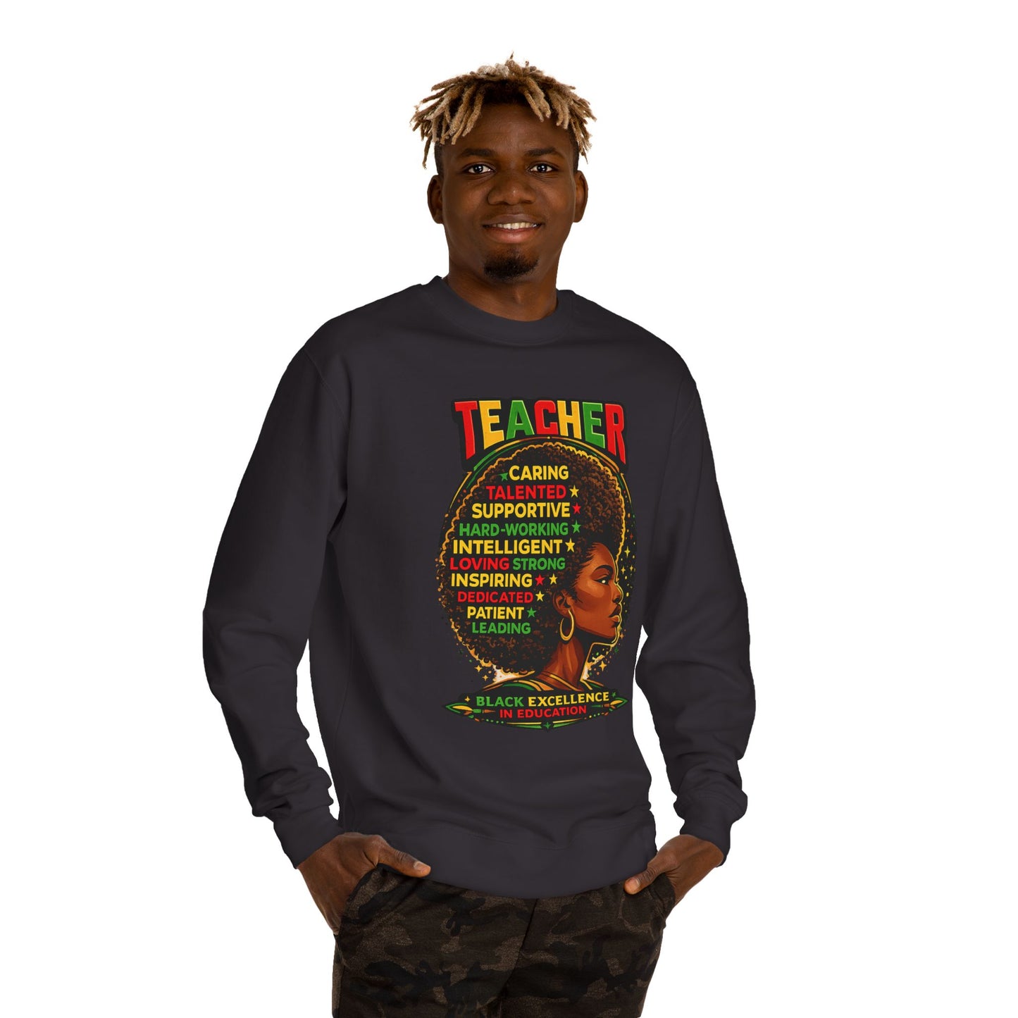 Teacher Afro Portrait Sweatshirt — Black Excellence Educator Crewneck
