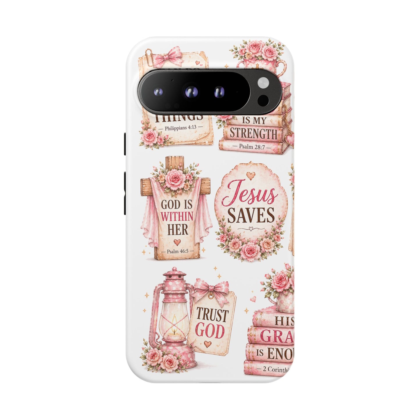 Christian Phone Case — Jesus Saves Floral Tough Case with 'God Is Within Her' & 'Trust God' Design