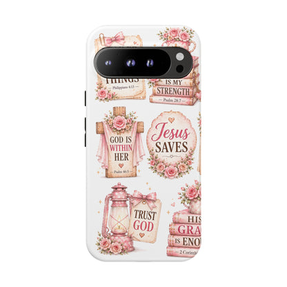 Christian Phone Case — Jesus Saves Floral Tough Case with 'God Is Within Her' & 'Trust God' Design