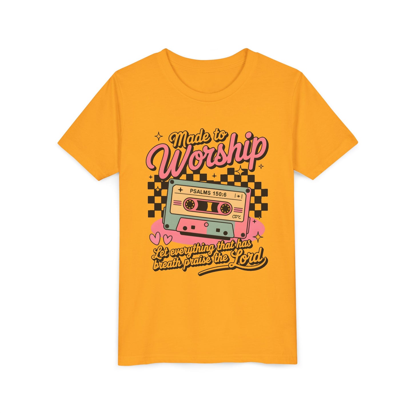 Made to Worship Youth Tee – Retro Cassette Christian Kids Shirt (Psalms 100:4)