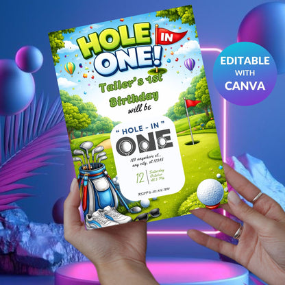 Editable Golf Hole In One Birthday Invitation Template | Golf Theme 1st Birthday Digital Invite