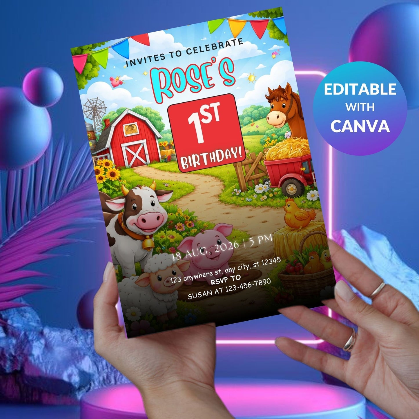 Farm Birthday Invitation Template | Editable Kids Farm Party Digital Invite