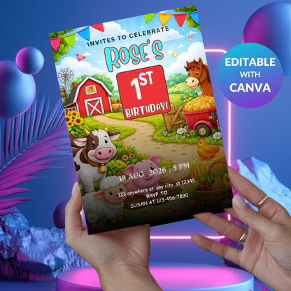 Farm Birthday Invitation Template | Editable Kids Farm Party Digital Invite