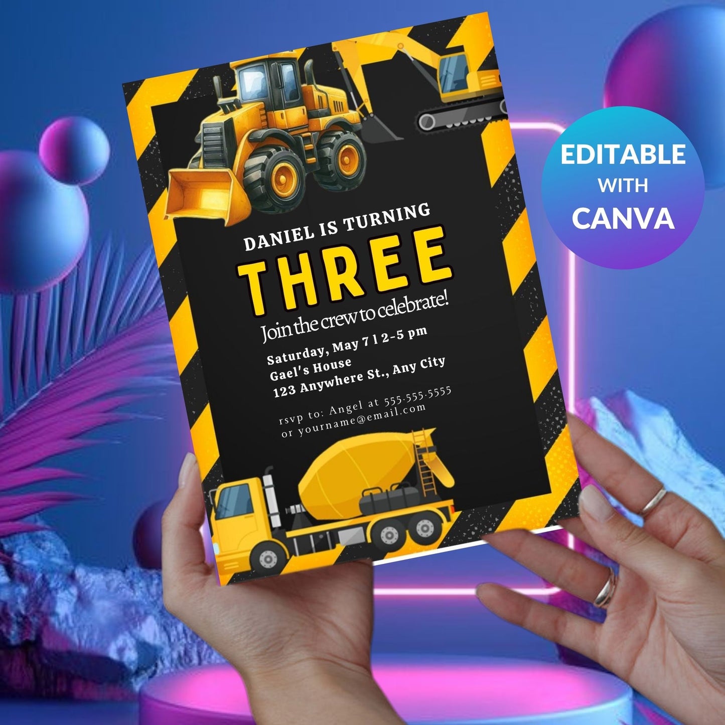 Construction Birthday Invitation Template | Editable Builder Theme Party Invite