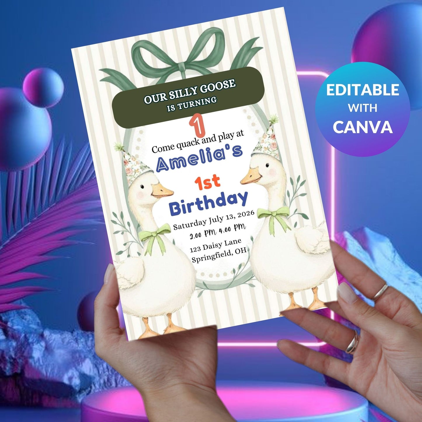 silly goose invite , gingham invite , goose birthday , birthday invite , editable invite , kids party invite , digital invite , cute birthday , goose theme , gingham birthday , party template , toddler birthday , goose party