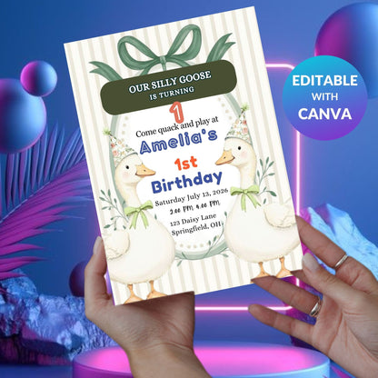 silly goose invite , gingham invite , goose birthday , birthday invite , editable invite , kids party invite , digital invite , cute birthday , goose theme , gingham birthday , party template , toddler birthday , goose party