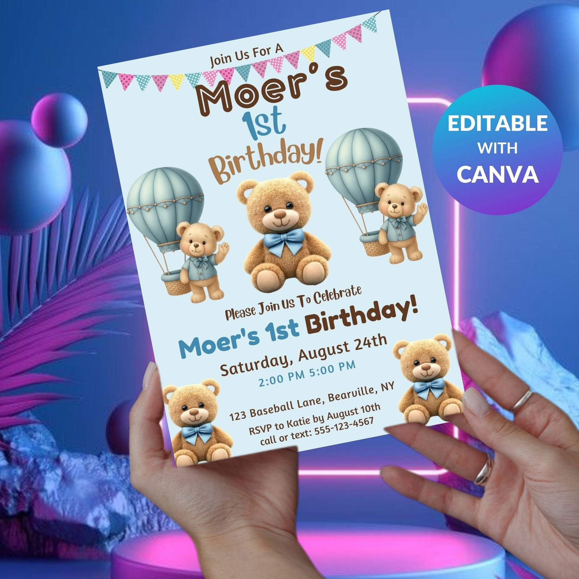 beary first invite , teddy bear invite , 1st birthday invite , editable invite , baby bear party , first birthday , digital birthday , teddy birthday , bear invite