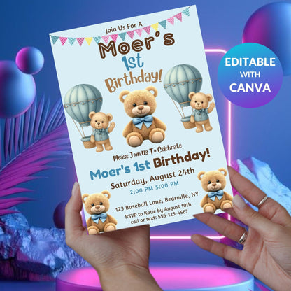 beary first invite , teddy bear invite , 1st birthday invite , editable invite , baby bear party , first birthday , digital birthday , teddy birthday , bear invite