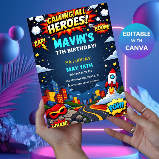 superhero invite , hero party , kids birthday , action party , comic invite , editable invite , digital invite , party invite , hero theme , kids party , birthday template , fun invite , comic party , hero birthday , kids invite