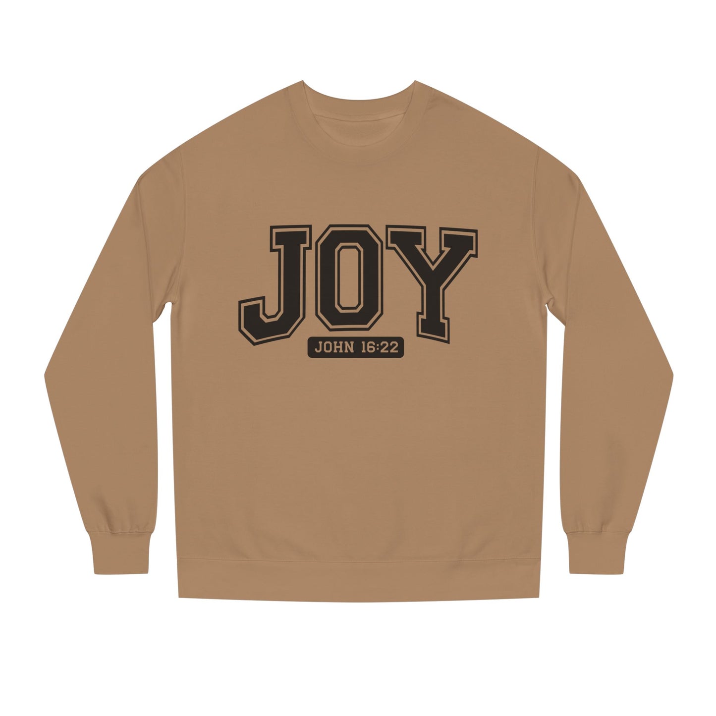 JOY Crewneck Sweatshirt — Bold Collegiate Faith Design (John 16:22)