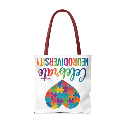 Celebrate Neurodiversity Tote Bag – Rainbow Puzzle Heart Awareness Tote