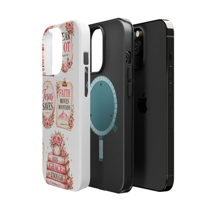 Christian Phone Case - "Fear Not, Faith Moves Mountains, Jesus Saves" Floral Magnetic Impact-Resistant Case