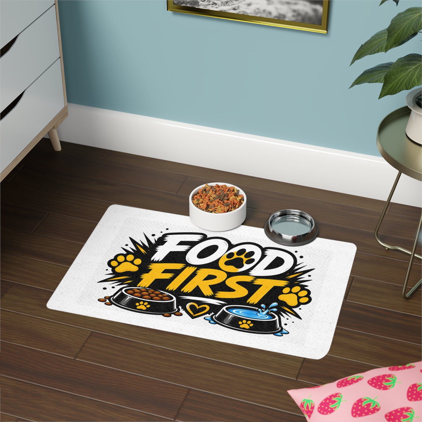 Pet Food Mat — "Food First" Paw Print Feeding Mat (12x18)