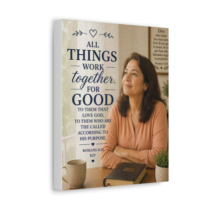 All Things Work Together For Good Stretched Canvas – Romans 8:28 Inspirational Christian Wall Art