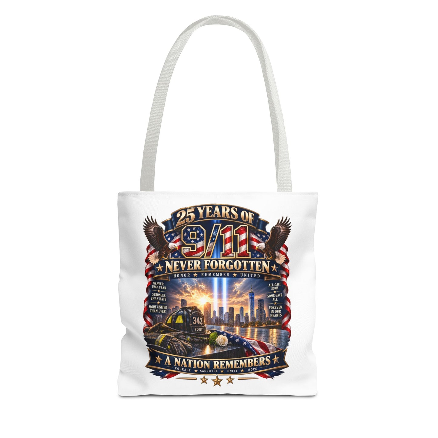 25 Years of 9/11 Never Forgotten Tote Bag – Memorial Tribute AOP