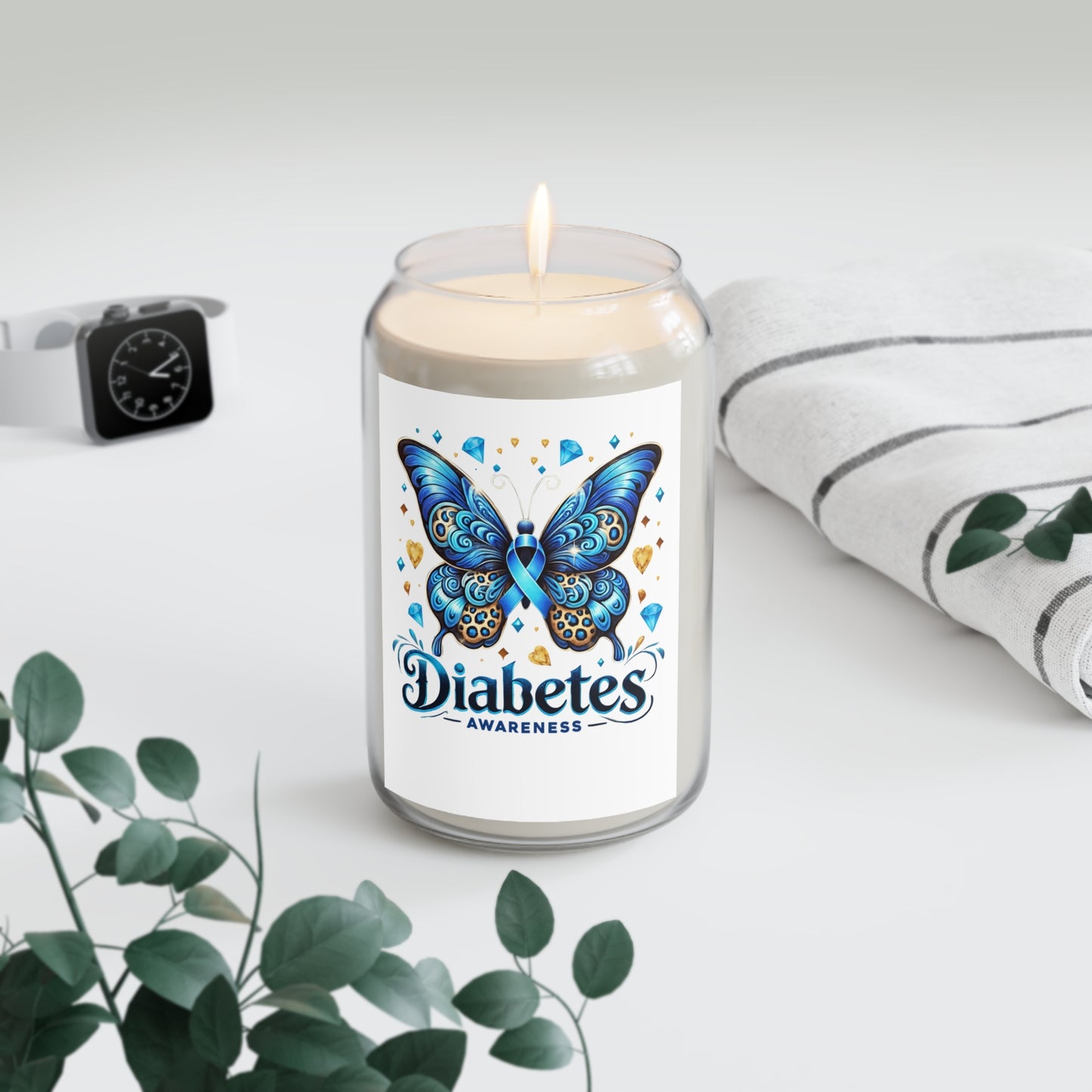 Diabetes Awareness Soy Candle — Blue Ribbon Butterfly Scented 13.75 oz