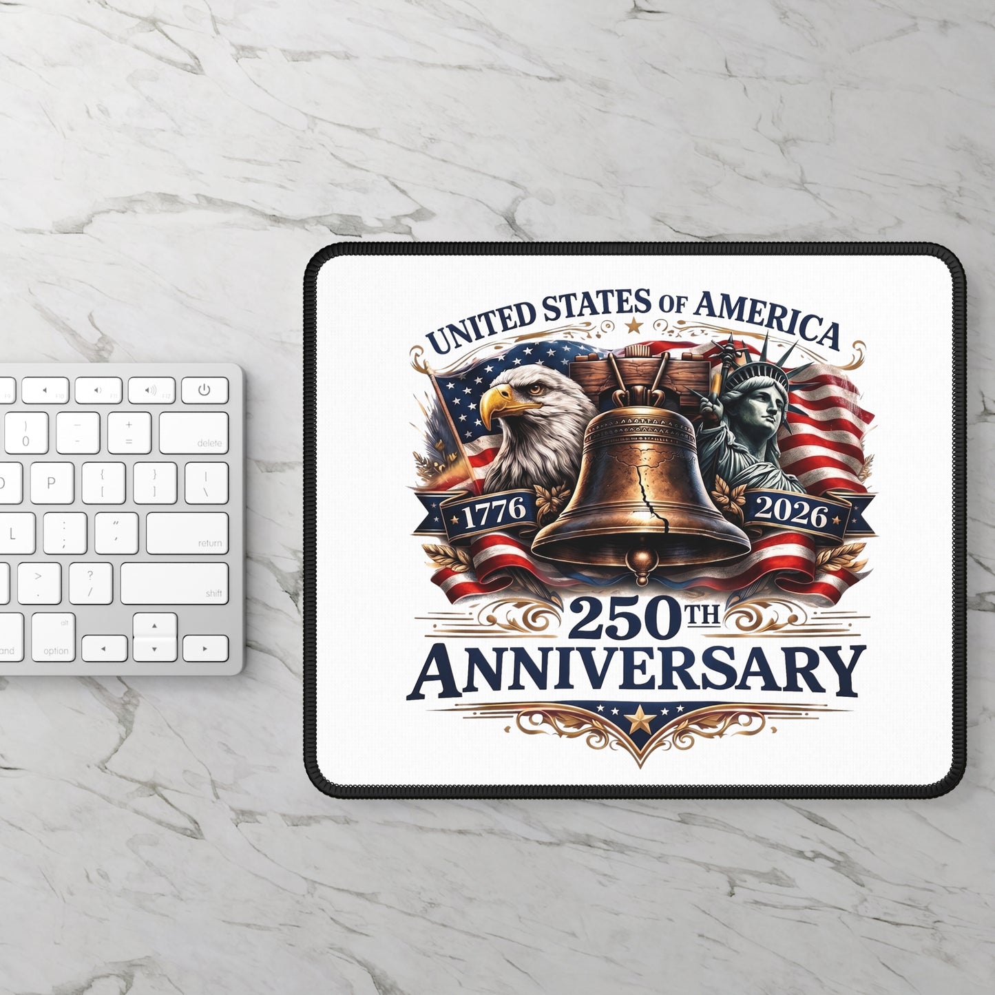 250th Anniversary Gaming Mouse Pad — USA Liberty Bell, Eagle & Statue of Liberty Patriotic Desk Mat (1776–2026)