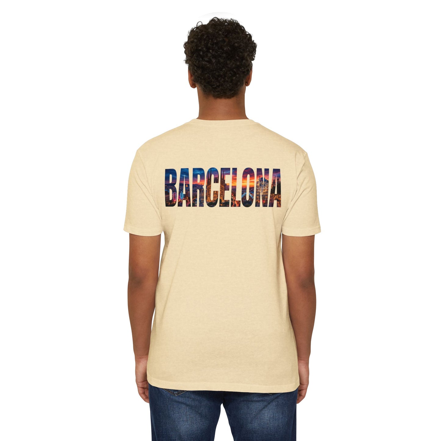 Barcelona Cityscape T‑Shirt — Scenic Sunset Lettering Travel Tee