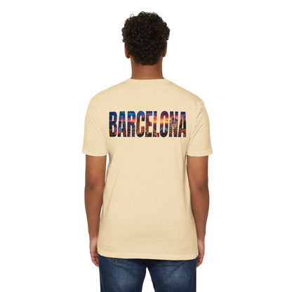 Barcelona Cityscape T‑Shirt — Scenic Sunset Lettering Travel Tee