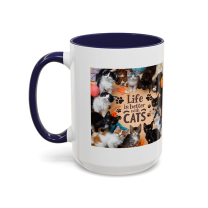 Cat Lover Accent Coffee Mug — “Life Is Better With Cats” 11/15oz