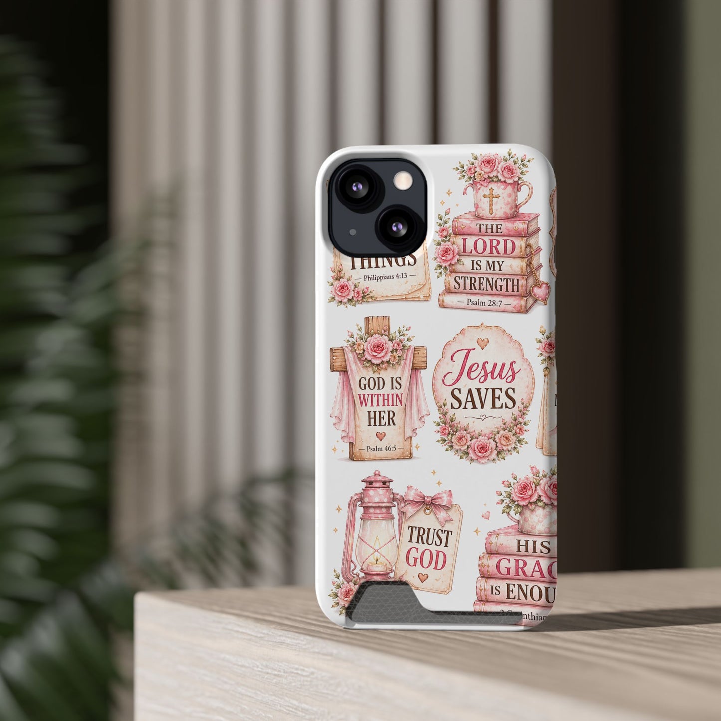 Christian Floral Phone Case with Card Holder — 'Jesus Saves' Inspirational Design