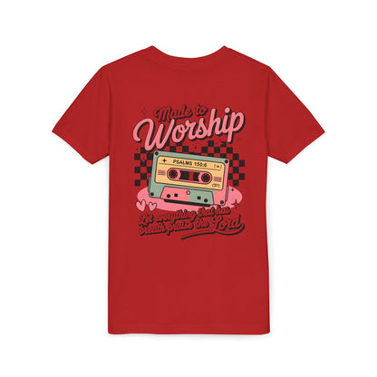 Made to Worship Youth Tee – Retro Cassette Christian Kids Shirt (Psalms 100:4)