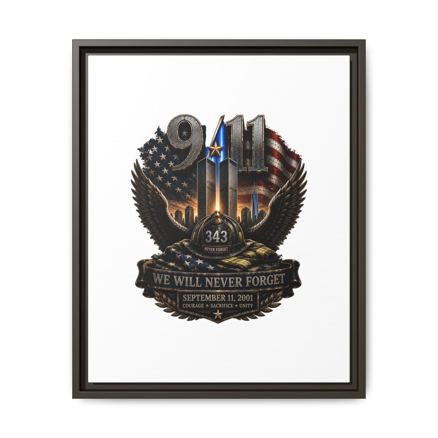 9/11 Memorial Matte Canvas Print — "We Will Never Forget" Framed Tribute
