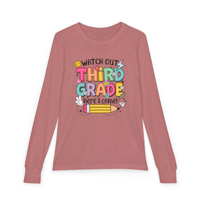 Youth Long Sleeve Tee "Watch Out Third Grade Here I Come" Back-to-School Shirt