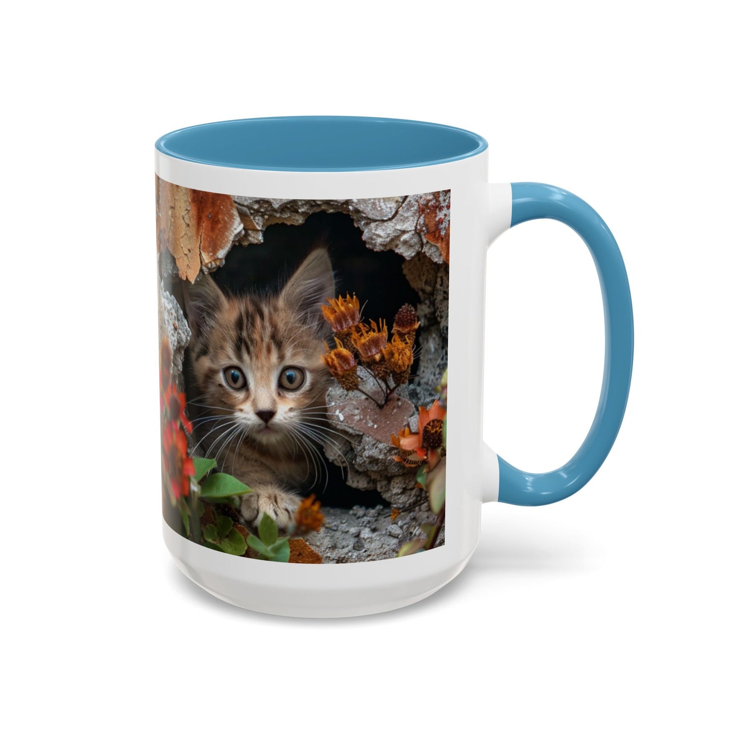 Cute Kitten Peek Accent Coffee Mug — Tabby Cat Floral 11/15oz