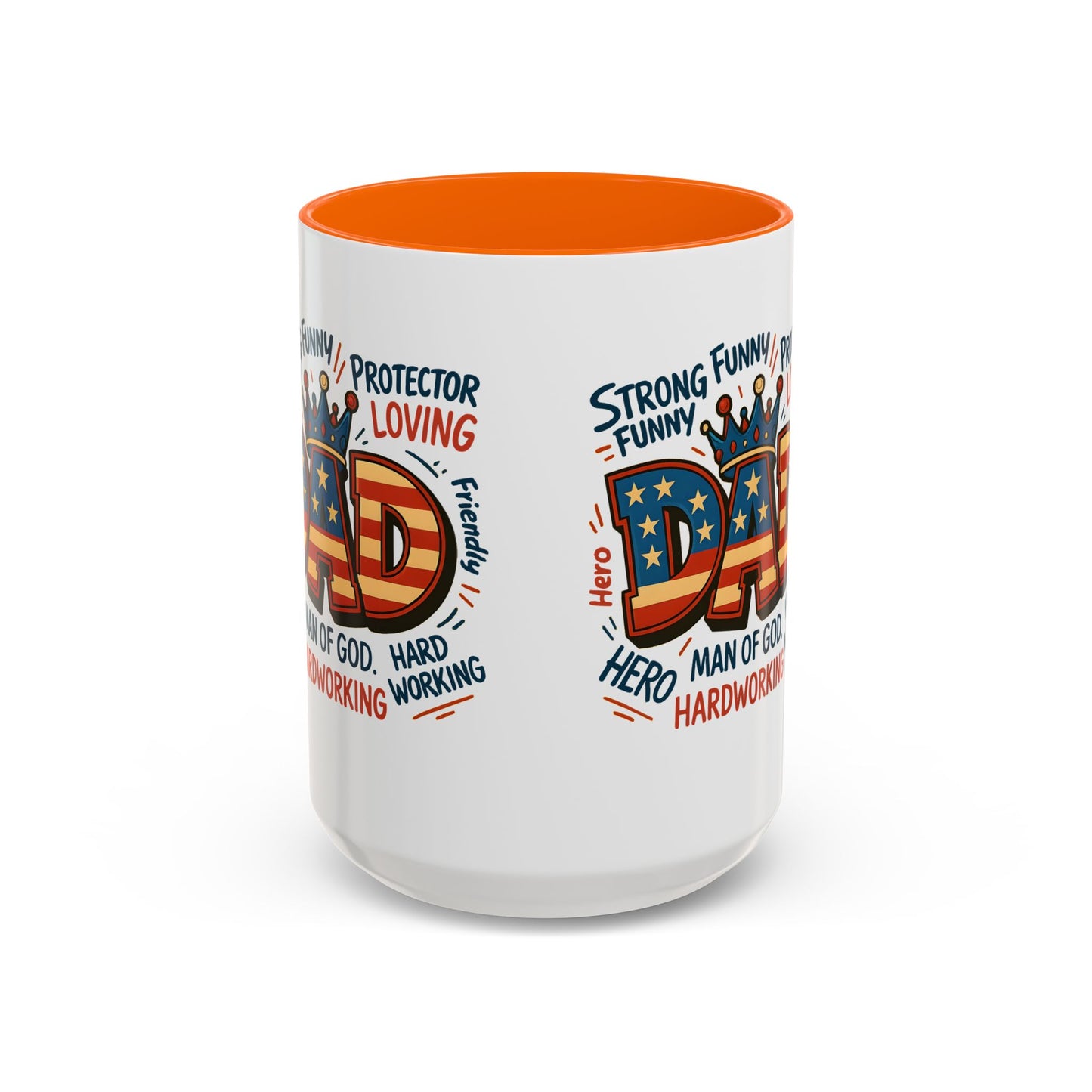 Dad Coffee Mug — Patriotic "DAD" Design with Loving, Hardworking, Protector Keywords (11/15oz Accent Mug)