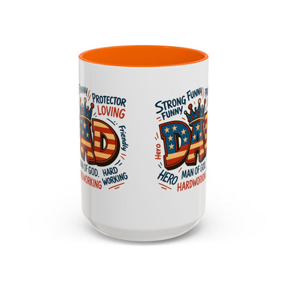 Dad Coffee Mug — Patriotic "DAD" Design with Loving, Hardworking, Protector Keywords (11/15oz Accent Mug)