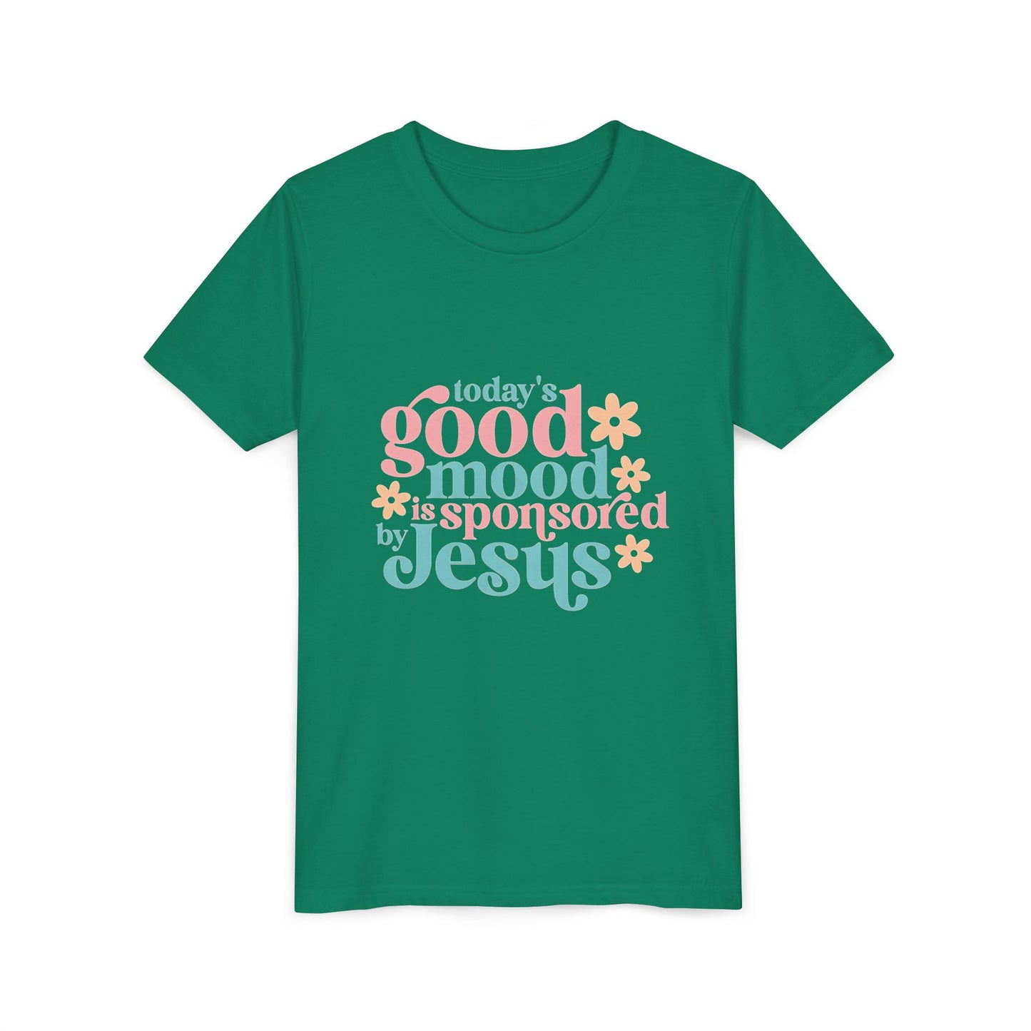 Youth Tee – "Today's Good Mood is Sponsored by Jesus" Retro Floral Christian Shirt