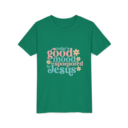 Youth Tee – "Today's Good Mood is Sponsored by Jesus" Retro Floral Christian Shirt