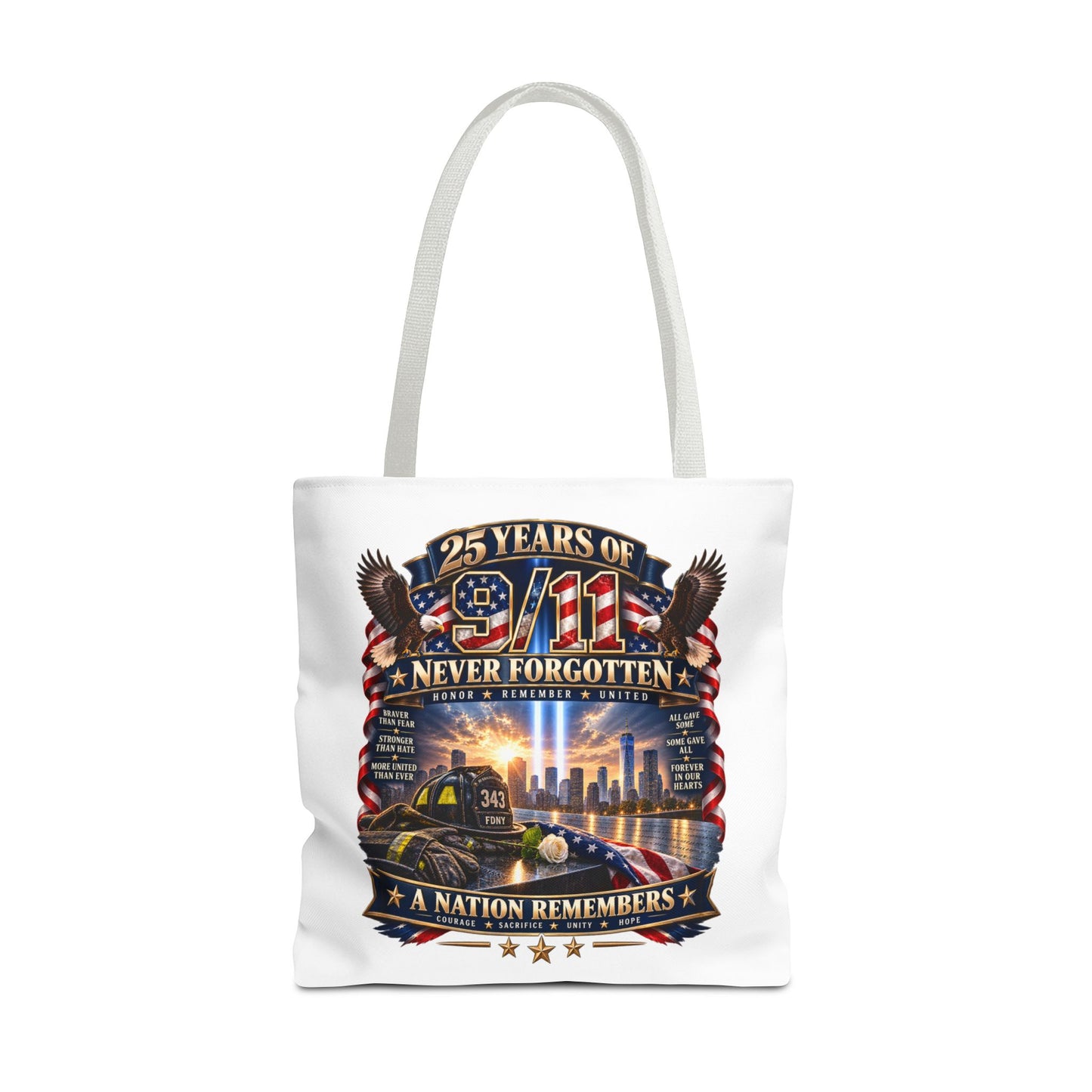 25 Years of 9/11 Never Forgotten Tote Bag – Memorial Tribute AOP