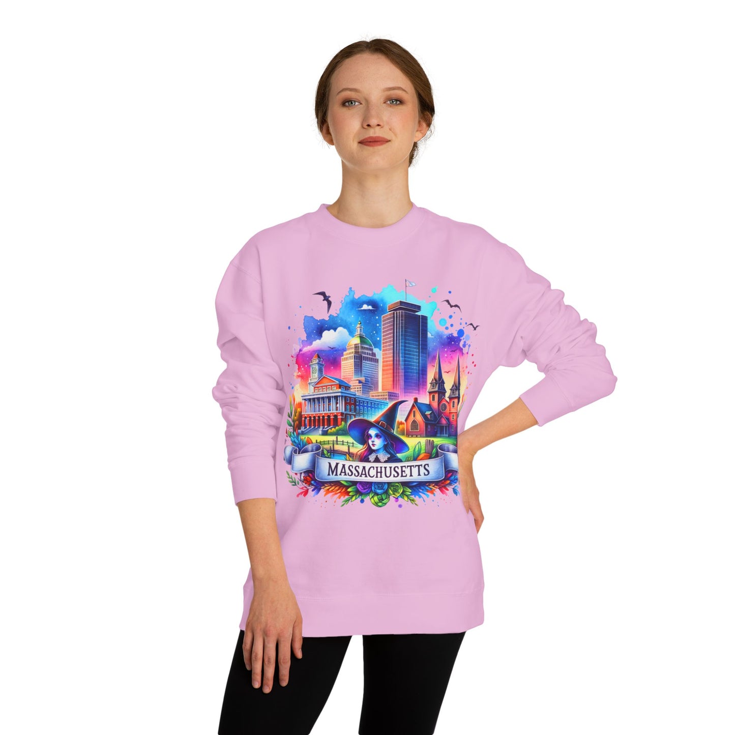Massachusetts Skyline Crewneck Sweatshirt — Colorful Boston Landmark Graphic