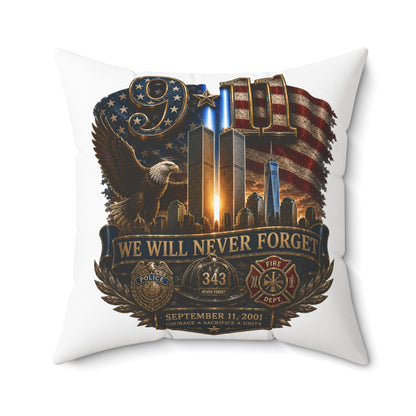9/11 Memorial Square Pillow — "We Will Never Forget" Tribute