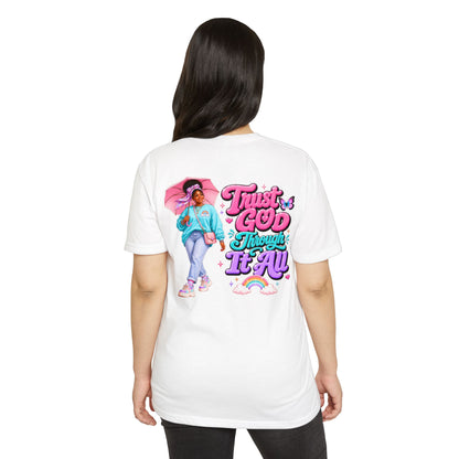 Trust God Through It All T-Shirt — Inspirational Faith Tee with Colorful Girl Illustration